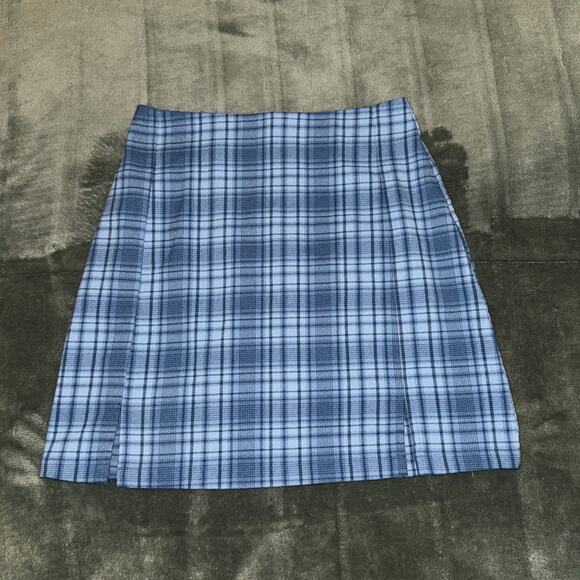 John Galt Mini Skirt Women’s Small Blue Plaid Stretch Slits Preppy Back Zipper - Picture 1 of 6